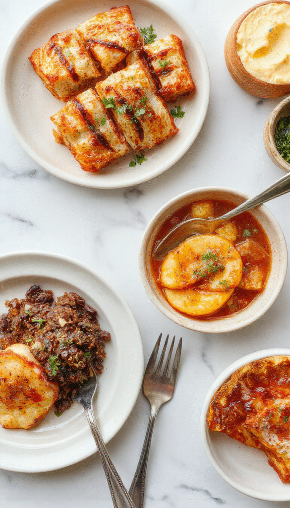 A vibrant fall plate featuring roasted sweet potatoes, hearty vegetables, and tender grains, beautifully arranged with autumnal garnishes, showcasing warm colors and cozy textures.