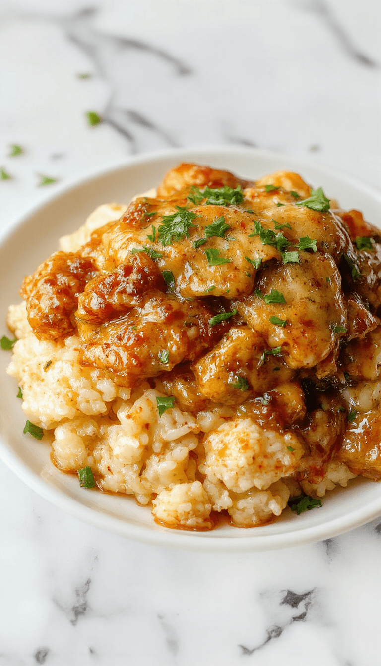A visually appealing plate featuring tender, golden-brown smothered chicken covered in rich gravy, served over fluffy white rice with a side of colorful steamed vegetables, styled on a rustic wooden table with a cozy ambiance and warm lighting