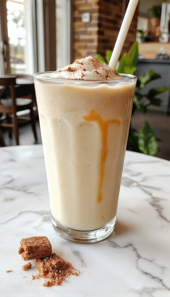 A warm cup of vanilla cinnamon milk tea with a cinnamon stick and vanilla pod on a rustic wooden table, topped with frothy milk and sprinkled cinnamon, surrounded by cozy autumn decor.