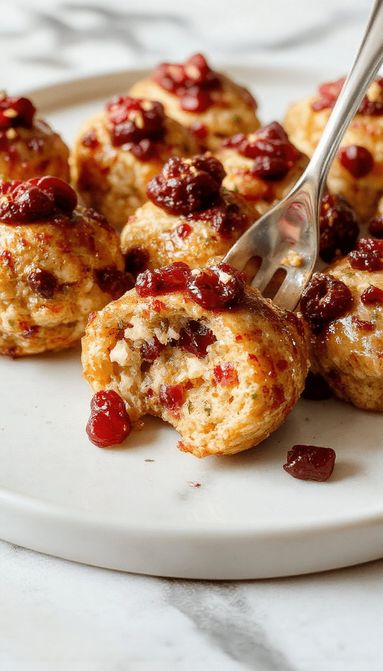 A close-up of cranberry turkey stuffing balls arranged on a rustic wooden platter, showcasing golden-brown crispy exteriors, dotted with vibrant red cranberries and fresh herbs, garnished with sprigs of parsley for a colorful contrast.