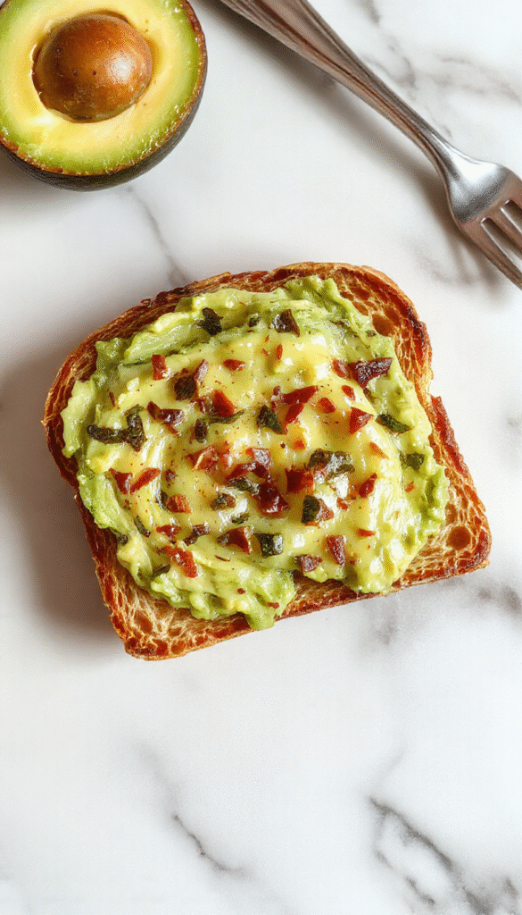 A vibrant, close-up shot of a toasted slice of bread topped with creamy, mashed avocado garnished with cherry tomatoes, microgreens, and a drizzle of olive oil, styled on a rustic wooden table with colorful background elements