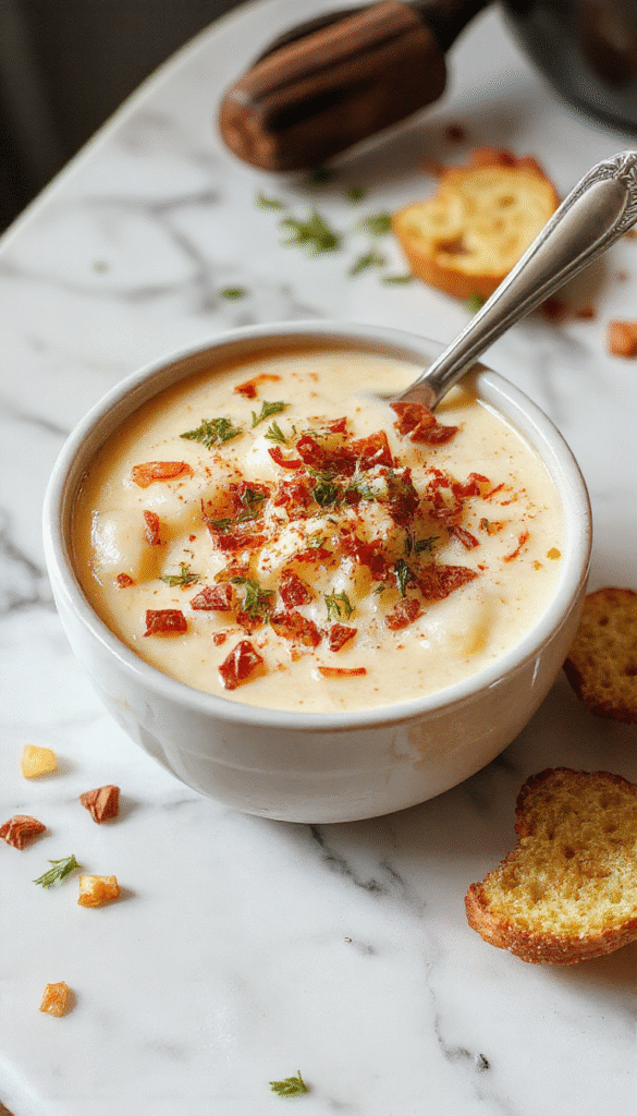 A steaming bowl of creamy baked potato soup topped with crispy bacon bits, shredded sharp cheddar cheese, chopped chives, and a dollop of sour cream. The bowl sits on a rustic wooden table with a background of warm fall colors, including orange and deep green. The soup has a smooth texture with visible chunks of potatoes and garnishes adding color and texture.