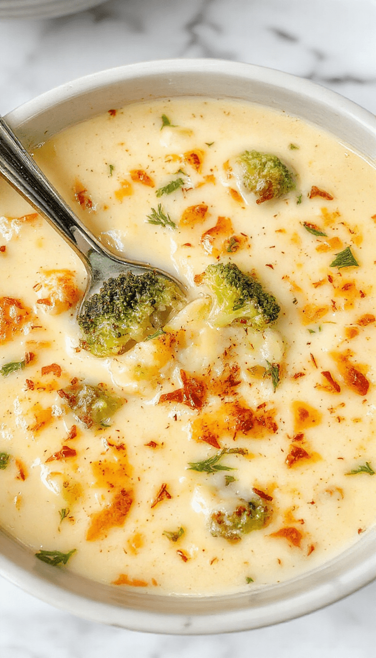 A vibrant bowl of creamy broccoli potato cheese soup with bright green broccoli florets, golden melted cheese, and tender potato chunks, garnished with a sprinkle of herbs, served on a rustic wooden table with a spoon