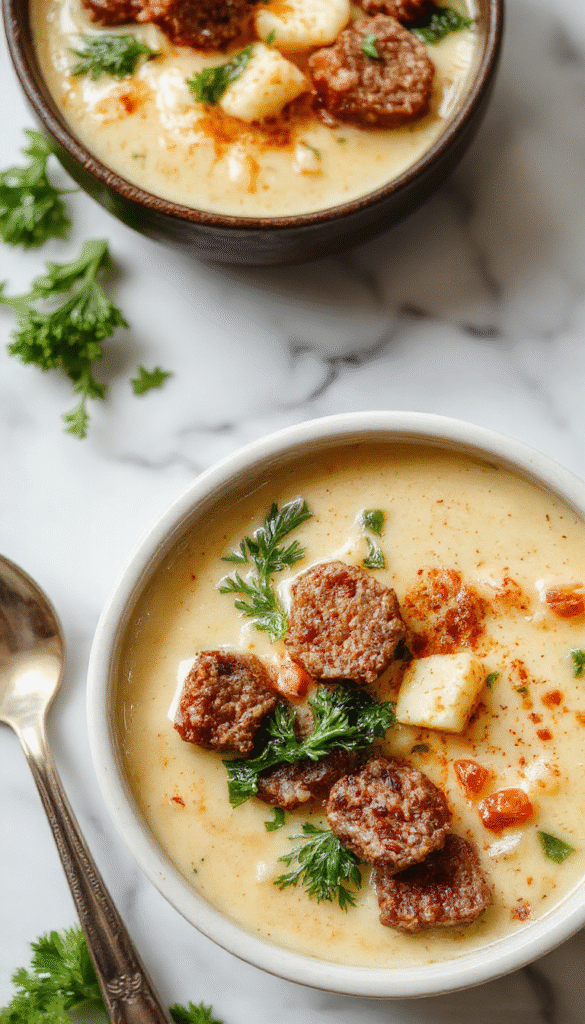 A vibrant bowl of creamy cauliflower sausage kale soup topped with fresh herbs, served with a side of crusty bread. The soup has a smooth, velvety texture with chunks of sausage and bright kale leaves, garnished with a sprinkle of black pepper and a drizzle of olive oil, presented on a rustic wooden table with steam rising, evoking warmth and comfort.