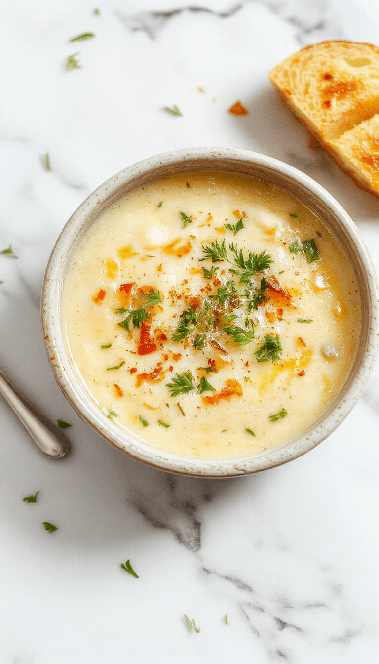 A bowl of rich, creamy potato soup with melted cheddar cheese, sprinkled with fresh herbs and crispy garlic croutons on top, served in a rustic white bowl
