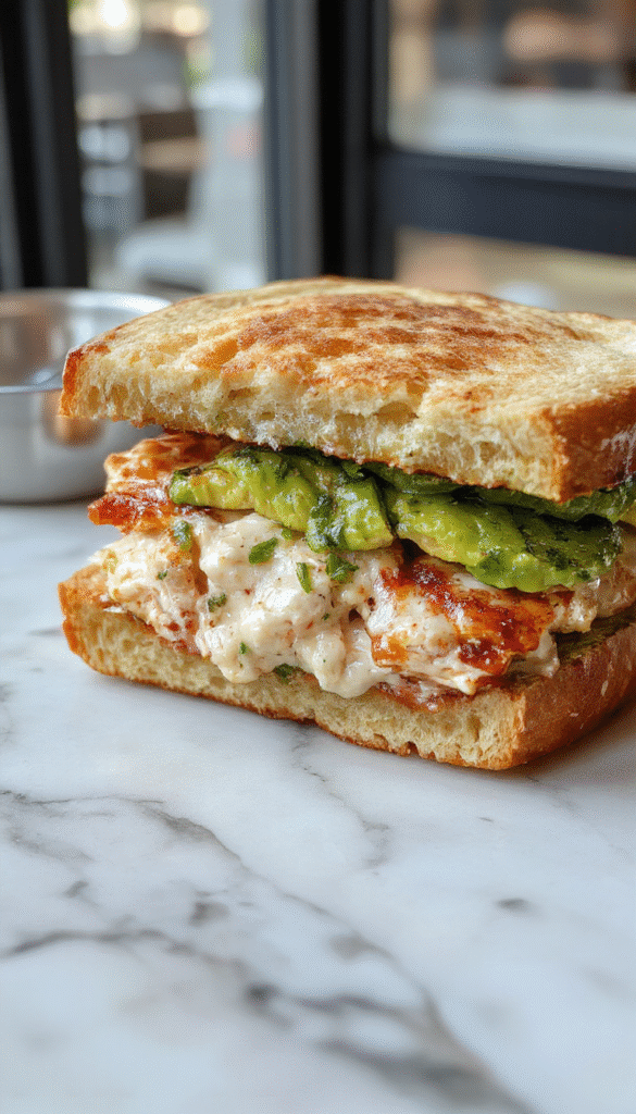 Colorful close-up of a freshly made chicken avocado melt sandwich on a rustic wooden plate. The sandwich features golden toasted bread, oozing melted cheese, slices of creamy avocado, and crispy chicken pieces. Fresh lettuce and tomato add vibrant greens and reds. The sandwich is cut in half, revealing layers of ingredients, styled with a leaf of lettuce and a drizzle of sauce, exuding a warm and inviting atmosphere.