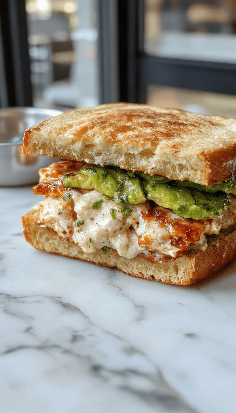 Colorful close-up of a freshly made chicken avocado melt sandwich on a rustic wooden plate. The sandwich features golden toasted bread, oozing melted cheese, slices of creamy avocado, and crispy chicken pieces. Fresh lettuce and tomato add vibrant greens and reds. The sandwich is cut in half, revealing layers of ingredients, styled with a leaf of lettuce and a drizzle of sauce, exuding a warm and inviting atmosphere.