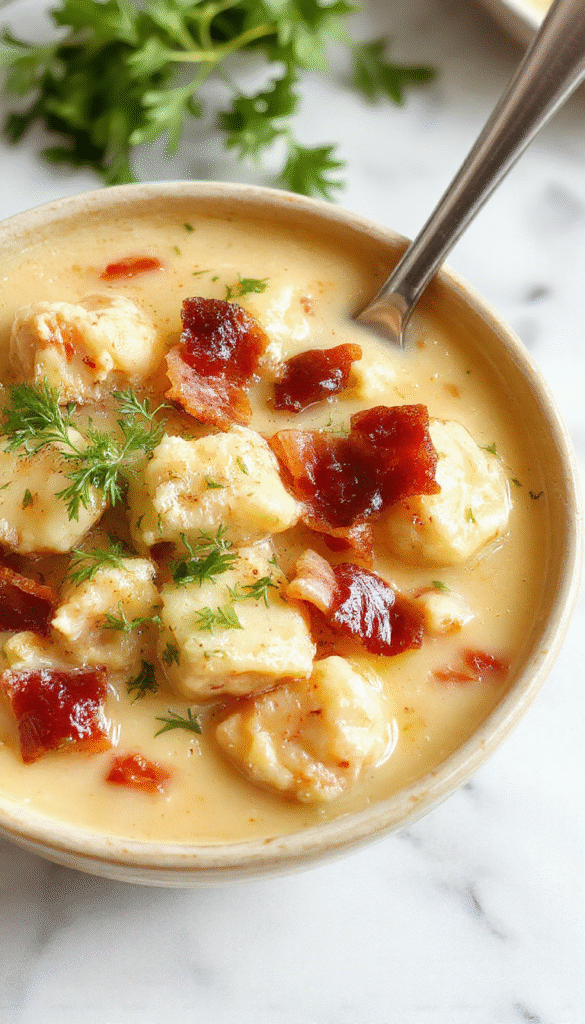 A creamy, hearty bowl of chicken bacon gnocchi soup topped with crispy bacon bits, fresh herbs, and a sprinkle of Parmesan cheese, served in a rustic bowl with a spoon, showcasing the smooth texture of the soup, the golden-brown bacon, and vibrant green garnish, against a cozy kitchen background with warm lighting.
