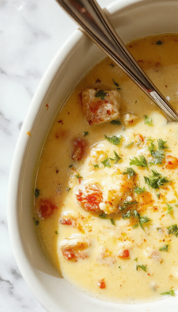A bowl of creamy chicken parmesan soup topped with melted cheese, fresh basil leaves, and crispy bread crumbs. The soup has a rich, golden broth with chunks of tender chicken and melty cheese, set on a rustic wooden table with a side of garlic bread.