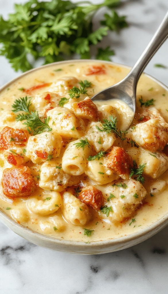 A vibrant bowl of creamy chicken pasta soup featuring tender shredded chicken, elixir-like creamy broth, al dente pasta, garnished with chopped parsley on a rustic wooden table with a spoon beside the bowl.