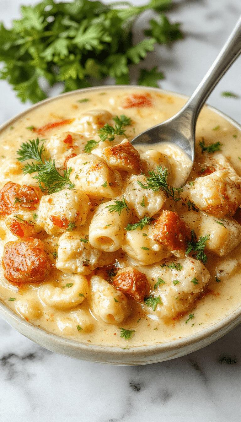 A vibrant bowl of creamy chicken pasta soup featuring tender shredded chicken, elixir-like creamy broth, al dente pasta, garnished with chopped parsley on a rustic wooden table with a spoon beside the bowl.