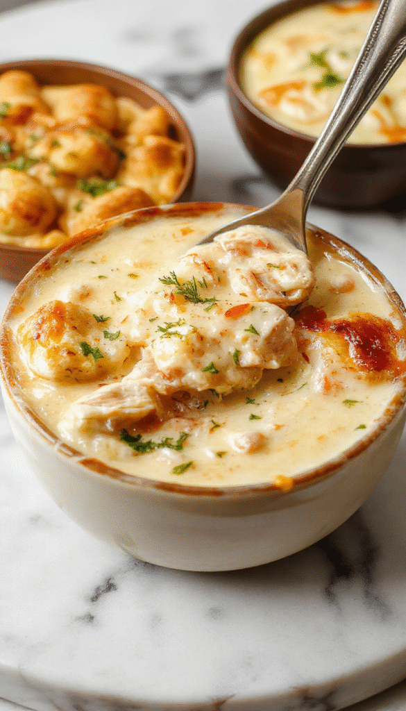 A steaming bowl of creamy chicken pot pie soup featuring tender chunks of chicken, dotted with peas and carrots, topped with flaky pastry bits and fresh herbs, all in a rustic, white ceramic bowl on a wooden table with a drizzle of cream and chopped parsley.