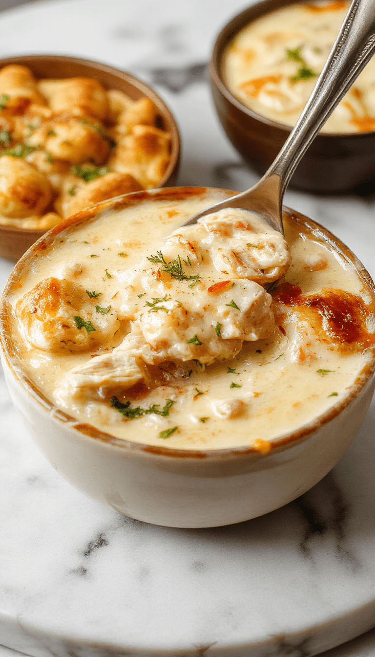 A steaming bowl of creamy chicken pot pie soup featuring tender chunks of chicken, dotted with peas and carrots, topped with flaky pastry bits and fresh herbs, all in a rustic, white ceramic bowl on a wooden table with a drizzle of cream and chopped parsley.