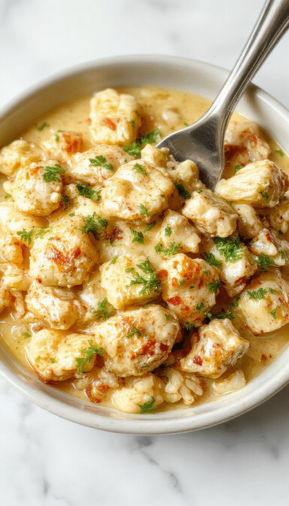 A close-up of a creamy chicken and rice dish in a rustic white bowl, topped with fresh herbs. The dish has a rich, velvety texture with golden brown chicken pieces and fluffy rice. The background features a wooden table with a sprig of parsley, showcasing a warm, inviting atmosphere.