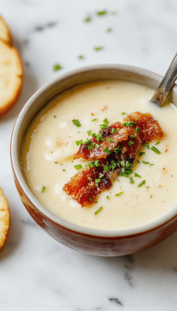 A steaming bowl of creamy potato soup topped with crispy bacon bits and fresh chives, served on a rustic wooden table with a side of crusty bread, vibrant green herbs contrasting with the rich, golden color of the soup, showcasing a textured, inviting presentation.