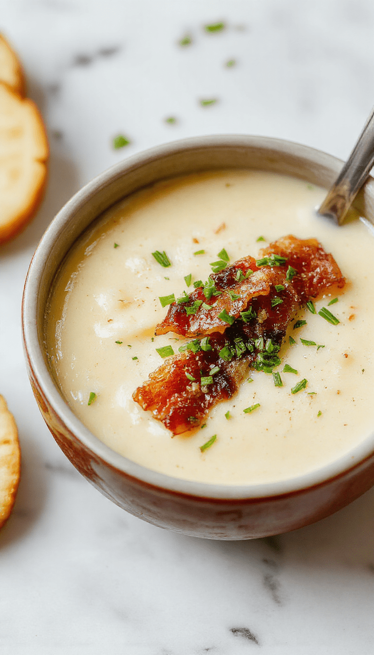 A steaming bowl of creamy potato soup topped with crispy bacon bits and fresh chives, served on a rustic wooden table with a side of crusty bread, vibrant green herbs contrasting with the rich, golden color of the soup, showcasing a textured, inviting presentation.