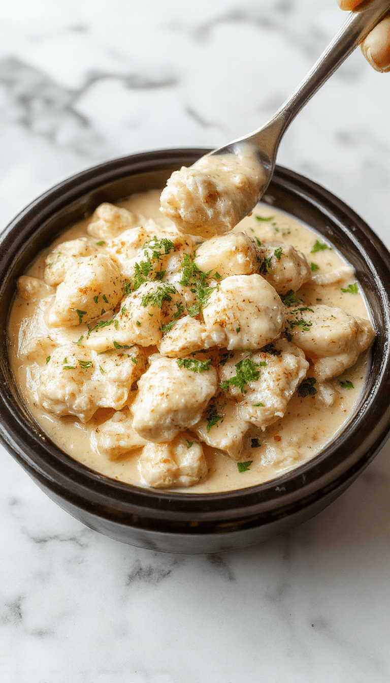A mouthwatering plate of creamy chicken Alfredo topped with fresh parsley, served on a white ceramic dish. The sauce is velvety and rich, with tender shredded chicken intertwined with al dente fettuccine. The dish is garnished with grated Parmesan cheese and a sprinkle of herbs, set against a rustic wooden table with a neutral background.