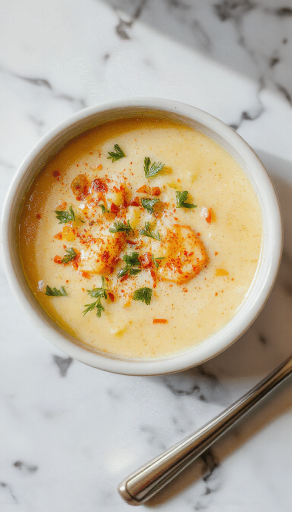 A bowl of vibrant pale yellow potato and leek soup garnished with fresh herbs, served in a white ceramic bowl on a rustic wooden table, with a side of crusty bread and a sprig of thyme, showcasing a smooth, creamy texture without dairy, well-lit and inviting.