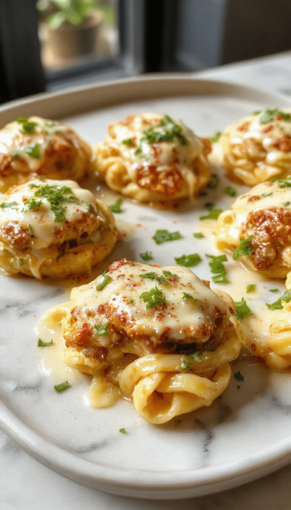 A close-up of golden-brown chicken bites coated in a rich garlic butter sauce, served alongside a generous helping of creamy parmesan pasta garnished with fresh herbs, with a rustic wooden background, vibrant colors, and a glossy finish highlighting the savory textures.
