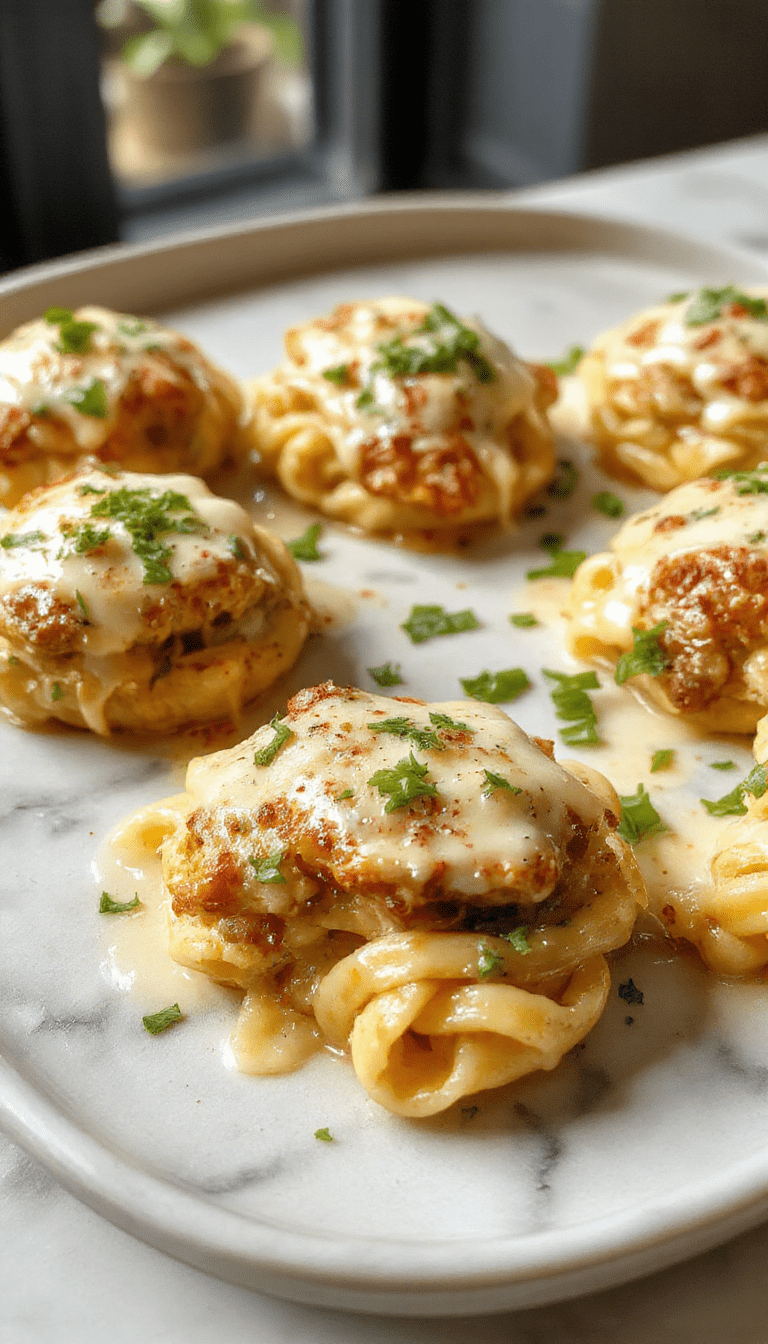A close-up of golden-brown chicken bites coated in a rich garlic butter sauce, served alongside a generous helping of creamy parmesan pasta garnished with fresh herbs, with a rustic wooden background, vibrant colors, and a glossy finish highlighting the savory textures.