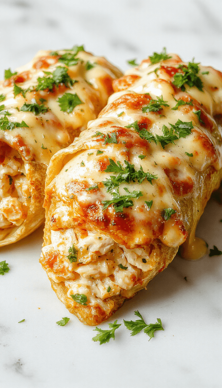 A vibrant plate featuring golden-brown chicken wraps sliced to reveal gooey melted cheese, fresh green herbs, and a drizzle of garlic sauce. The wraps are presented on a rustic wooden board with a side of crisp salad, colorful cherry tomatoes, and a scattering of chopped herbs, highlighting their textures and appetizing appearance.