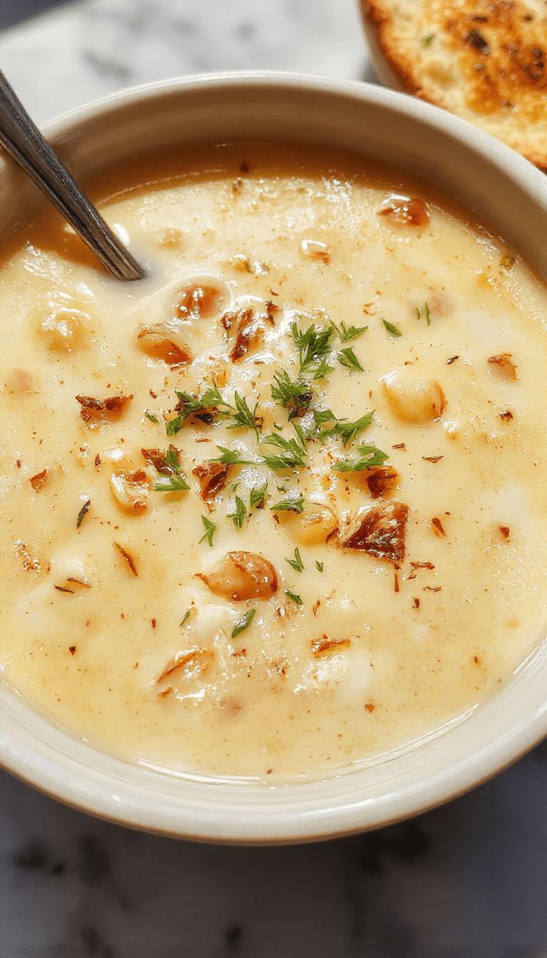A vibrant bowl of creamy garlic soup garnished with fresh herbs and a drizzle of olive oil, surrounded by toasted bread slices and garlic cloves, served on a rustic wooden table with a soft, warm background.