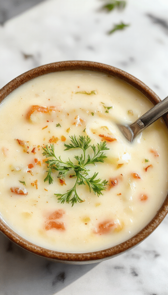 A vibrant bowl of creamy potato soup garnished with chopped chives and black pepper, served in a rustic white bowl on a wooden table with fresh potatoes and herbs in the background, highlighting its smooth texture and hearty presentation.
