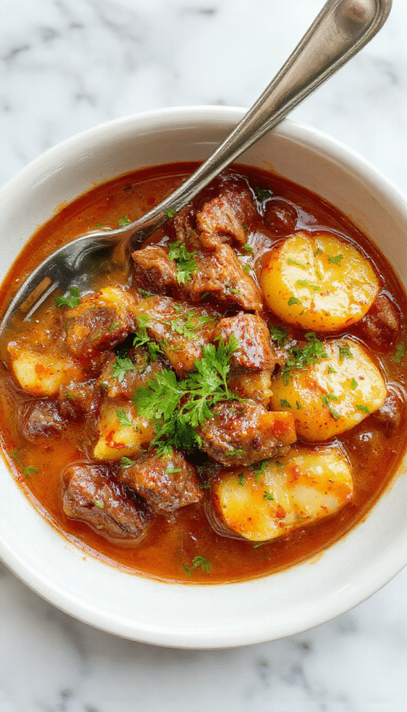 A rustic white plate featuring golden-brown roasted potatoes and tender beef chunks coated in melted cheese, garnished with fresh parsley. The dish is served in a cozy kitchen setting with a wooden spoon and a creamy sauce visible, highlighting textures and warm colors.