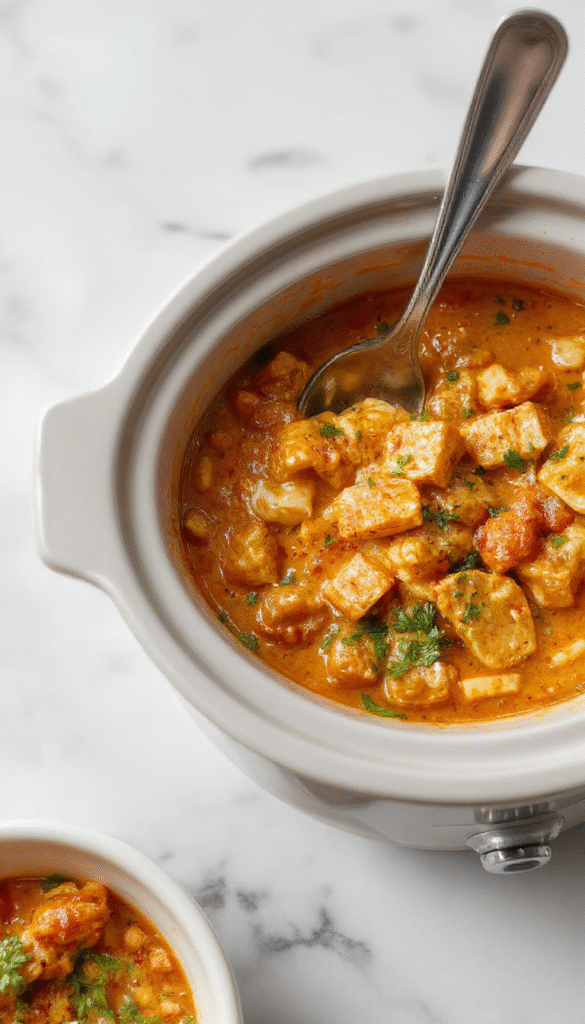 A vibrant bowl of creamy butter chicken with a glossy orange sauce, garnished with fresh cilantro and served alongside naan bread on a rustic wooden table