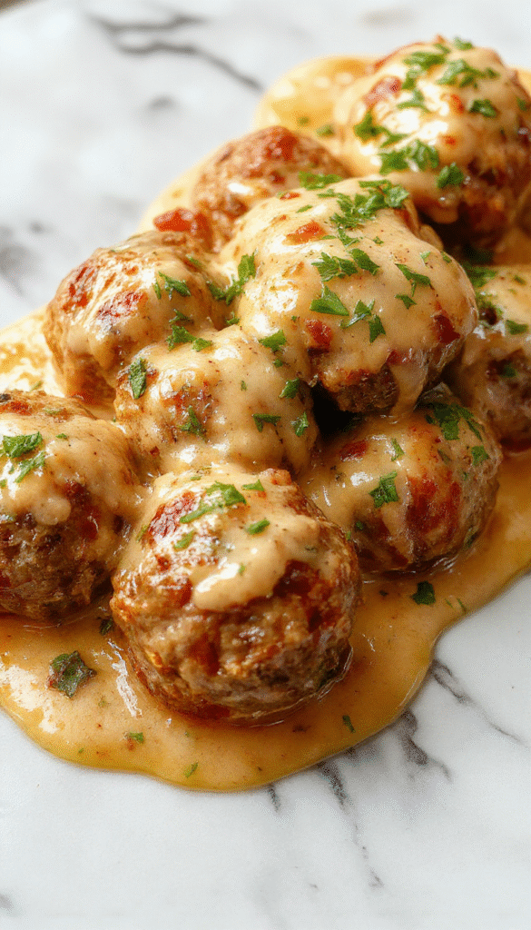 A close-up of golden-brown Italian meatballs served on a white plate, topped with fresh parsley and drizzled with marinara sauce, surrounded by spaghetti and fresh herbs, with a rustic wooden background.