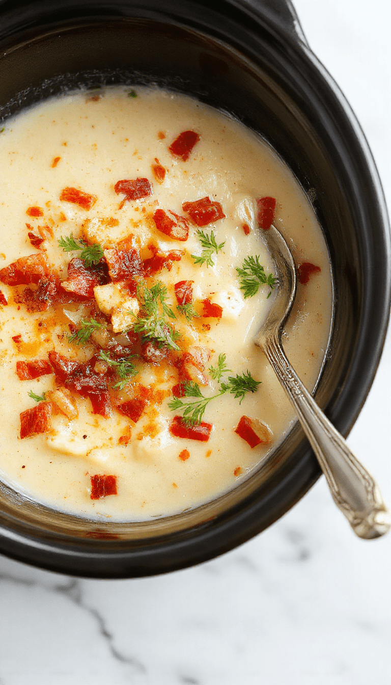 A hearty bowl of creamy crockpot potato soup topped with shredded cheese, crispy bacon bits, sliced green onions, and dollops of sour cream on a rustic wooden table