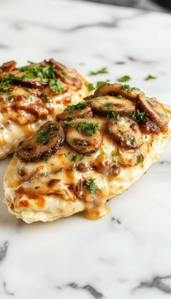 A close-up of juicy chicken breasts sliced open and filled with a seasoned mushroom stuffing, topped with melted cheese and garnished with fresh herbs, on a rustic wooden platter with vibrant green parsley and crispy roasted vegetables in the background, showcasing a golden-brown crust and tender textures.