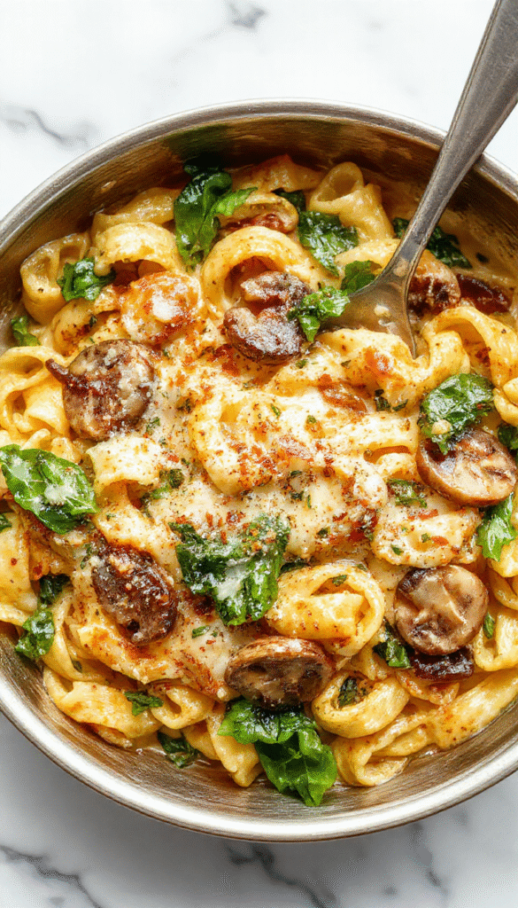 A vibrant skillet filled with al dente spaghetti coated in a creamy parmesan sauce, topped with sautéed spinach and mushrooms. The dish has a rich, golden brown crust on the edges, garnished with freshly grated parmesan and chopped herbs. The skillet is placed on a rustic wooden table, styled with a sprinkle of microgreens and a side of garlic bread, showcasing a warm, inviting meal.