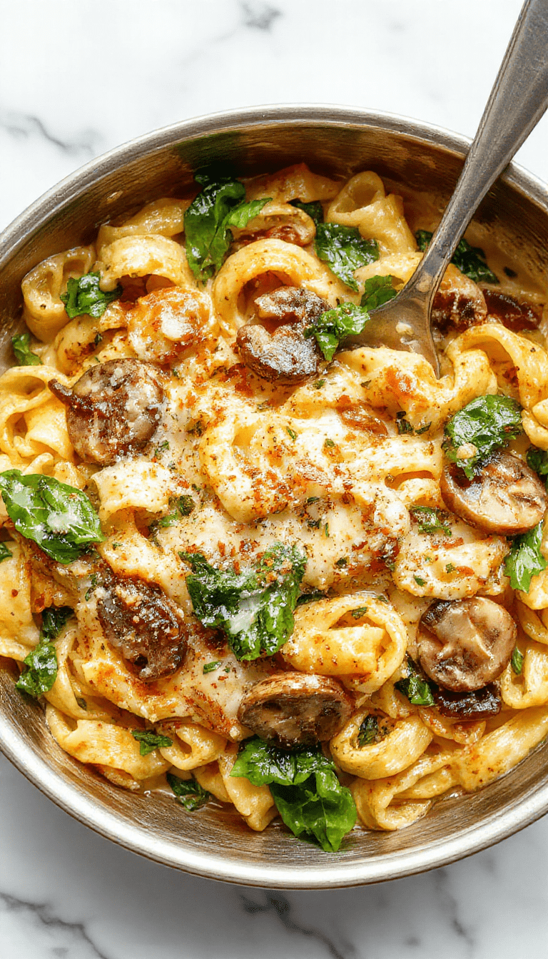 A vibrant skillet filled with al dente spaghetti coated in a creamy parmesan sauce, topped with sautéed spinach and mushrooms. The dish has a rich, golden brown crust on the edges, garnished with freshly grated parmesan and chopped herbs. The skillet is placed on a rustic wooden table, styled with a sprinkle of microgreens and a side of garlic bread, showcasing a warm, inviting meal.