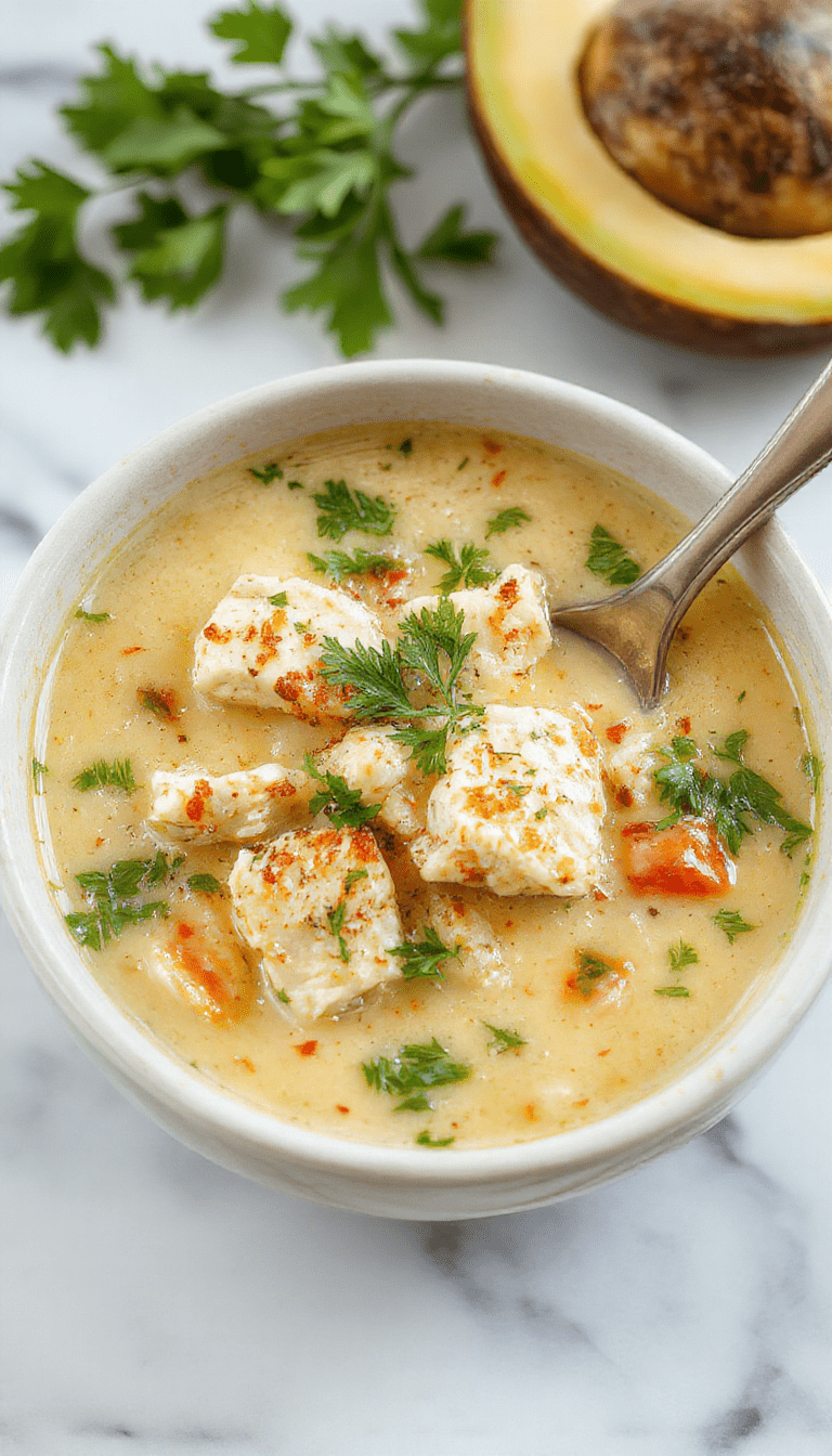 A vibrant bowl of creamy chicken soup featuring chunks of tender chicken, sliced poblano peppers, and black beans, garnished with fresh herbs, with a smooth, inviting texture and warm colors standing out against a rustic wooden table.