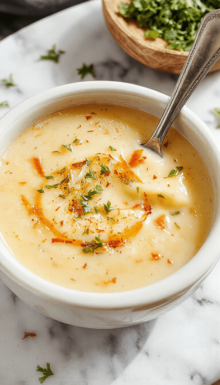 A steaming bowl of creamy roasted garlic vegan potato soup garnished with fresh herbs, served in a rustic white bowl on a wooden surface, with chunks of roasted garlic and potatoes visible, colorful vegetables and a sprig of parsley add vibrant contrast, with a textured soup surface reflecting a warm, inviting atmosphere.