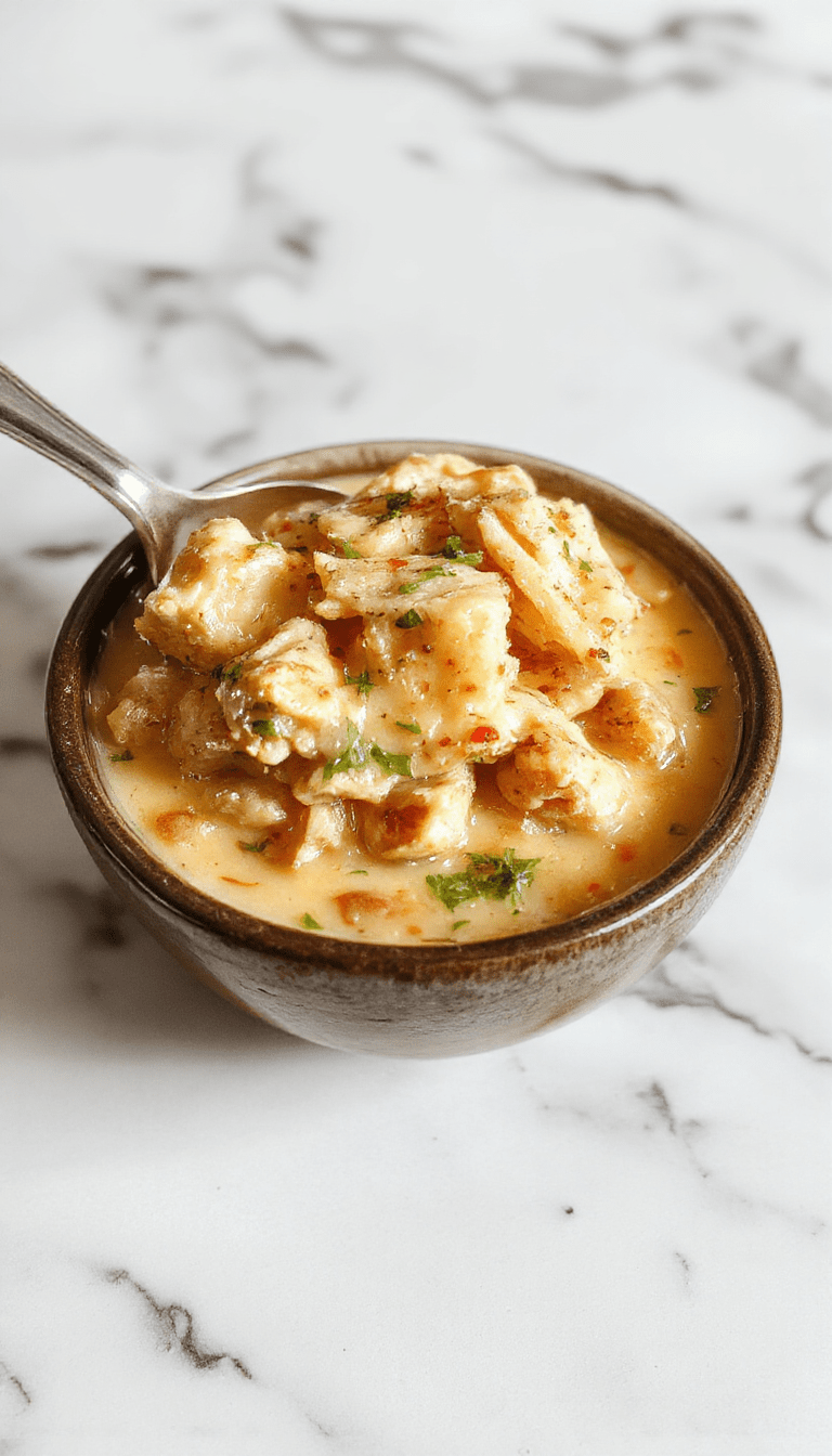 A steaming bowl of creamy crack chicken soup garnished with shredded cheese and chopped green onions, served in a rustic white bowl on a wooden table with a side of crusty bread. The soup has a thick, velvety texture with tender shredded chicken visible, topped with crispy bacon bits and fresh herbs, capturing a comforting and inviting appearance with warm lighting.