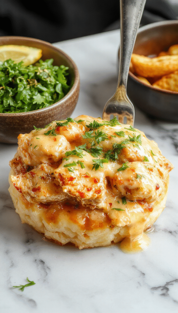 A close-up of a bowl of creamy smothered chicken and rice, topped with fresh herbs. The dish features tender chicken pieces smothered in rich, creamy sauce with fluffy white rice underneath. The vibrant colors of the dish include golden-brown chicken, creamy beige sauce, and green garnish, styled beautifully in a rustic white bowl on a wooden table.
