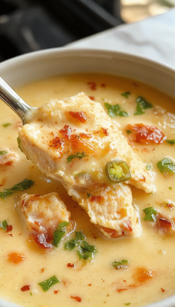 A vibrant bowl of spicy jalapeño chicken soup with shredded chicken, bright green jalapeños, melted cheese, and fresh cilantro, served in a rustic white bowl on a wooden surface with a spoon and garnishes