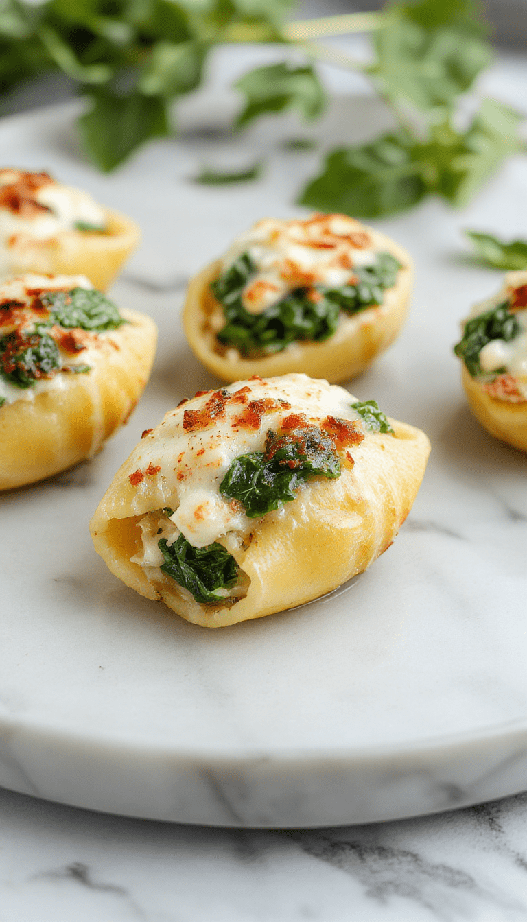 Colorful plate showcasing baked spinach and ricotta stuffed shells with golden melted cheese on top, garnished with fresh basil and a side of vibrant salad.