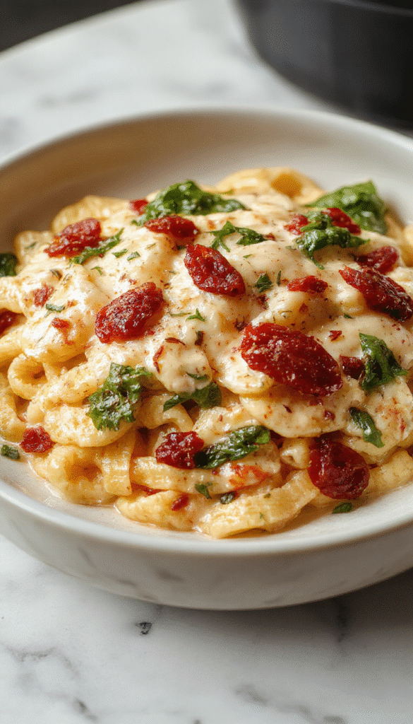 A vibrant plate of spaghetti topped with fresh spinach, sun-dried tomato slices, and a creamy sauce, garnished with herbs, served on a white dish with a wooden background, showcasing a colorful and appetizing presentation.