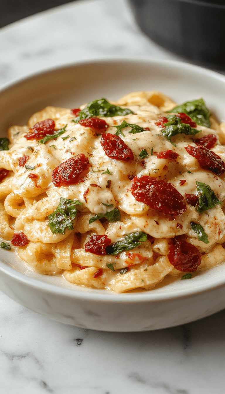 A vibrant plate of spaghetti topped with fresh spinach, sun-dried tomato slices, and a creamy sauce, garnished with herbs, served on a white dish with a wooden background, showcasing a colorful and appetizing presentation.