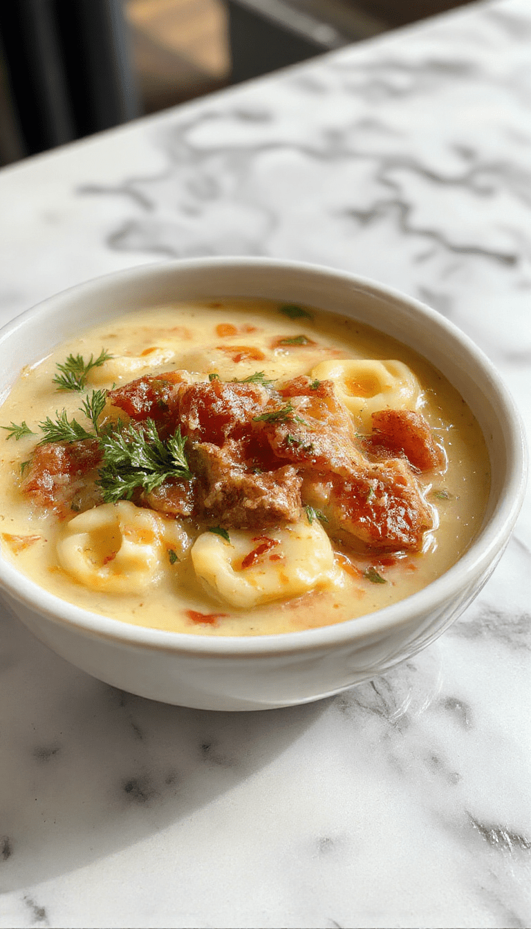 A vibrant bowl of creamy Tuscan ravioli soup featuring golden ravioli, lush spinach, cherry tomatoes, and melted cheese, garnished with fresh basil on a rustic wooden table with a creamy broth background.