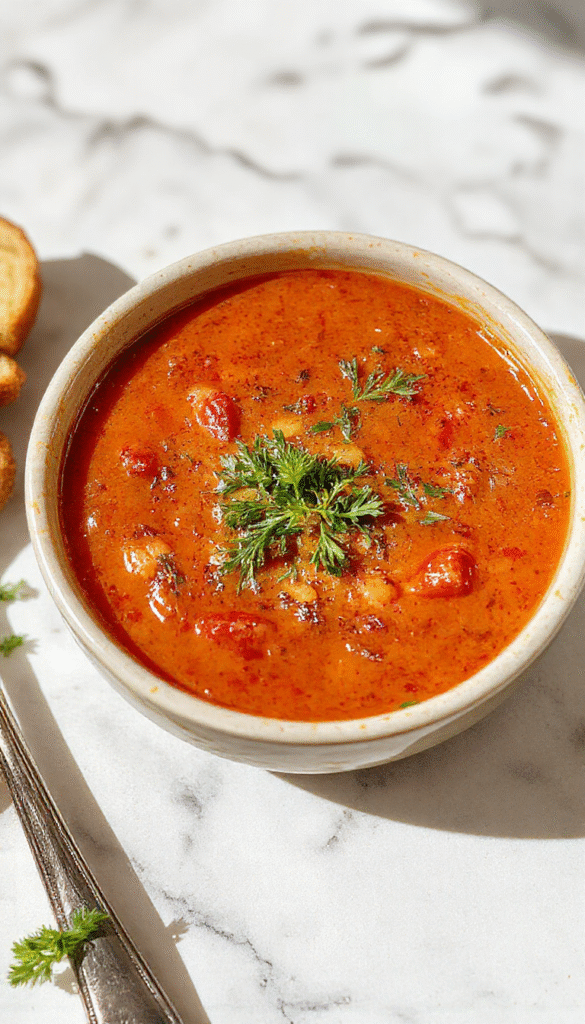 A vibrant red bowl of homemade tomato soup garnished with fresh basil leaves, served on a rustic wooden table with a drizzle of cream, accompanied by toasted bread slices and a silver spoon, highlighting the creamy texture and rich color.