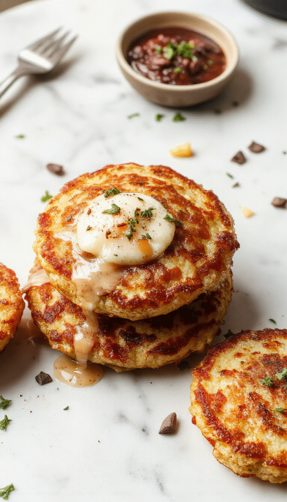 A close-up of golden-brown German potato pancakes stacked on a white plate, garnished with fresh parsley. The pancakes have a crispy, textured exterior with visible shredded potato strands, and are set against a rustic wooden table with butter and sour cream nearby.