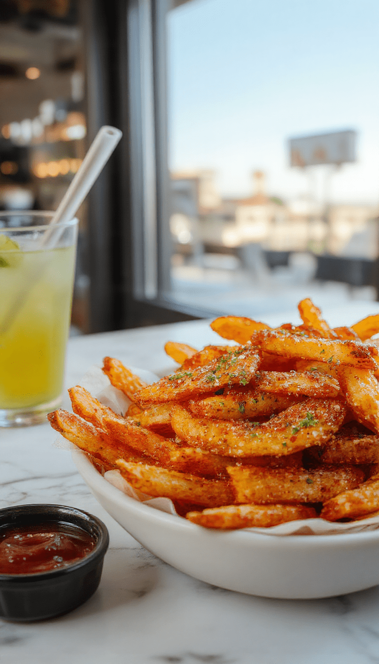 A vibrant plate of golden crispy oven baked sweet potato fries arranged in a bowl, with a sprinkle of herbs and a side of dipping sauce, showcased on a rustic wooden table, emphasizing its crispy texture and warm orange color.