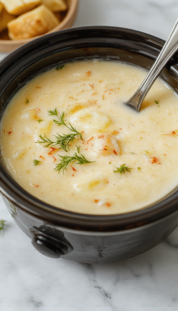 A warm bowl of creamy potato soup topped with shredded cheese and fresh herbs, served with crusty bread on a rustic wooden table, steam rising, inviting and hearty.