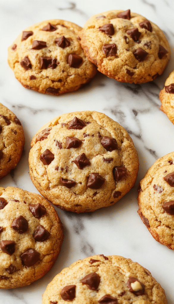 A close-up of freshly baked chewy chocolate chip cookies on a rustic wooden table, showing golden-brown edges, melty chocolate chips, and a slightly cracked surface with a soft interior visible, styled with a sprig of mint and a glass of milk in the background, inviting warm and cozy feeling.