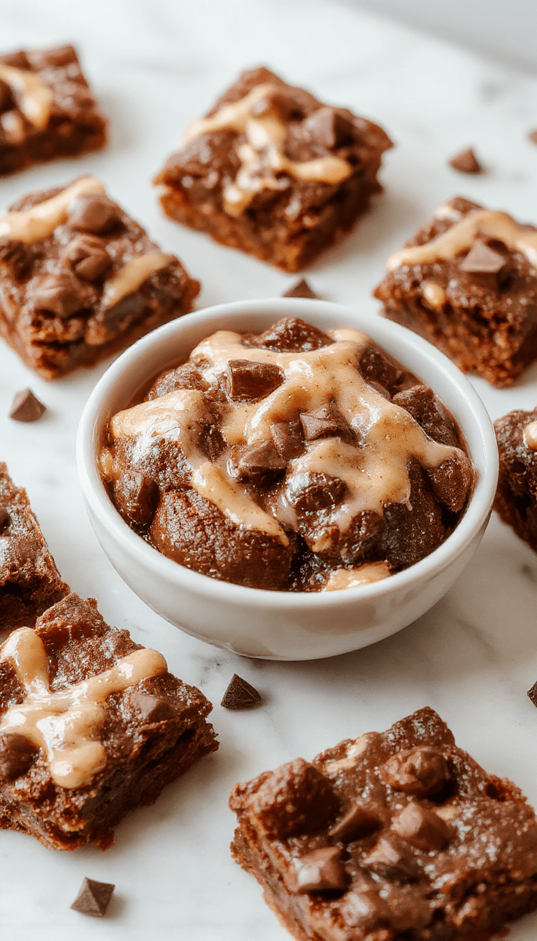 A close-up of rich, fudgy brownies arranged on a white plate, topped with a dusting of powdered sugar. The brownies have a glossy, crackled surface with visible chocolate chunks, set on a rustic wooden table with a cozy background.