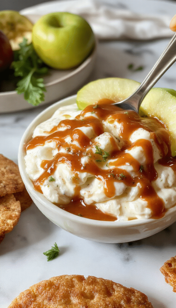 A creamy caramel apple cheesecake dip in a clear glass bowl topped with sliced caramelized apples and drizzled with caramel sauce. The dip has a smooth texture with a hint of red apple pieces mixed inside. Surrounding the bowl are whole caramel candies, cinnamon sticks, and chopped nuts on a rustic wooden table styled with autumn-themed decorations and a soft, inviting atmosphere.